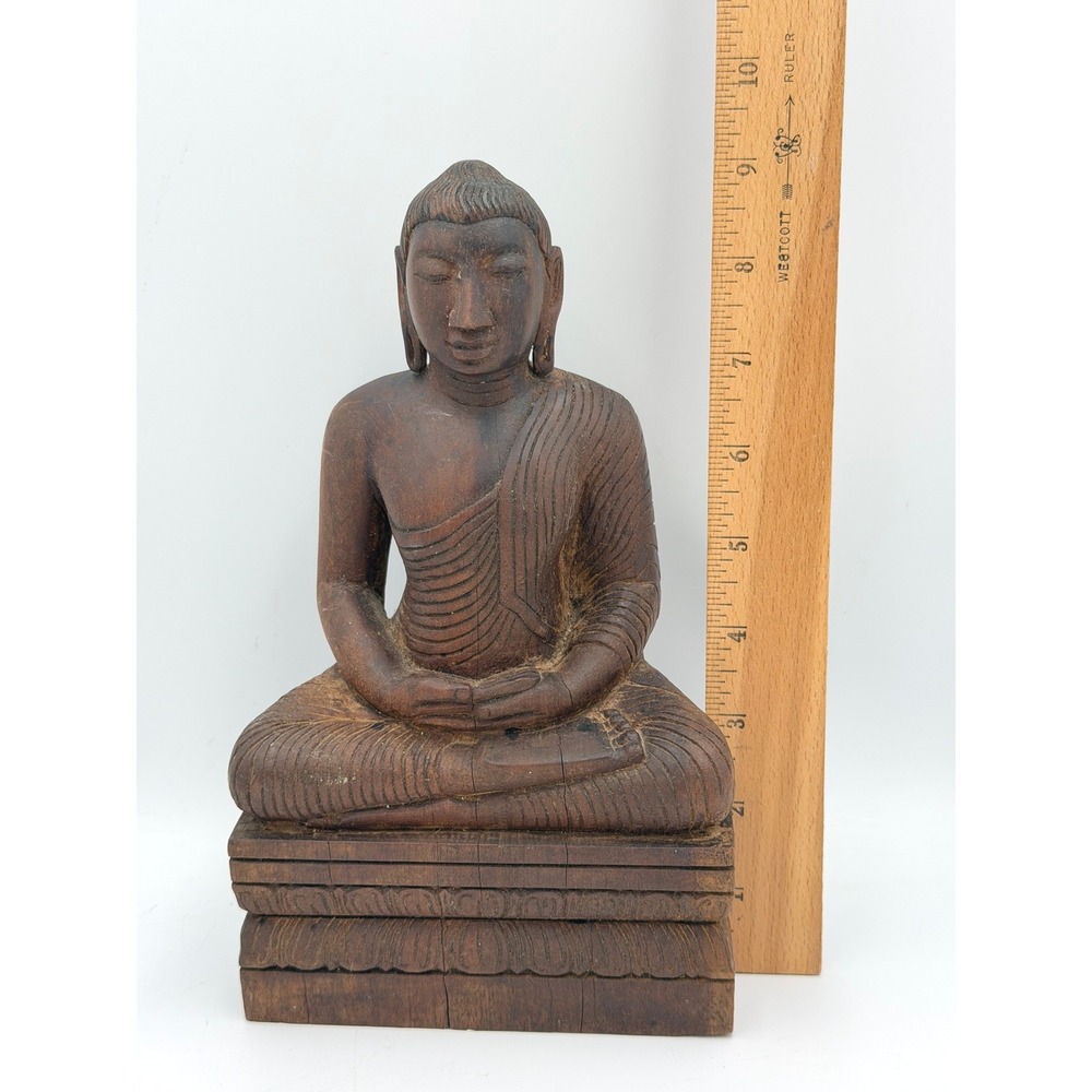 Vintage Carved Wood Buddha Statue & Embossed Metal Wall Plaque Buddhist Decor - Picture 4 of 15